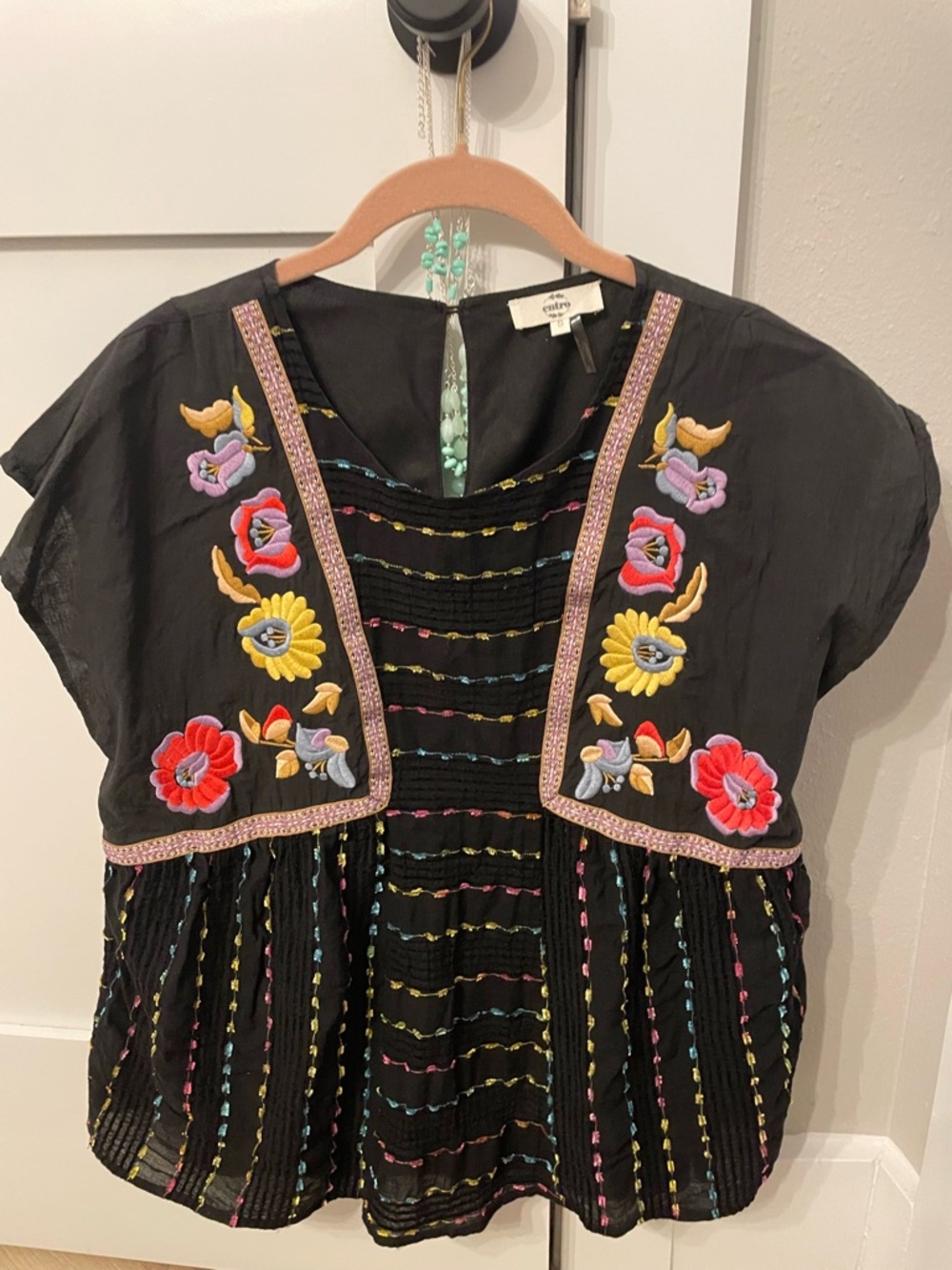 entro Black Floral Embroidered Top with Multicolor Accents - Small